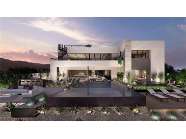 Stunning backyard with infinity pool, bar, lounge area, and spiral staircase in a modern home at 1516 Pleasant Bay Ct, Henderson, NV 89011