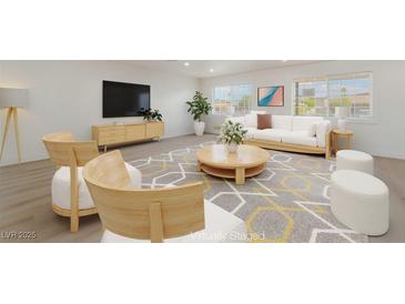 Bright living room with sleek modern furniture and a neutral color palette, virtually staged at 6444 Bannock Way, Las Vegas, NV 89107
