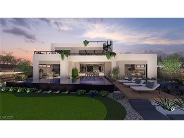Modern two-story home with a pool, putting green, and lounge area, perfect for outdoor relaxation at 1508 Pleasant Bay Ct, Henderson, NV 89011