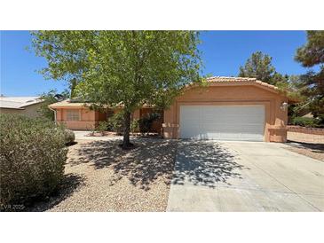Charming single-story home featuring a two-car garage, landscaped front yard, and mature tree at 710 Tomahawk Ct, Pahrump, NV 89060