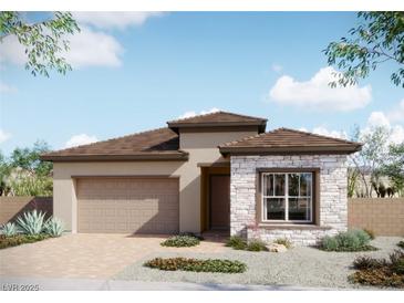 Charming single-story home featuring stone accents, a two-car garage, and low-maintenance landscaping at 881 Cottonwood Hill Pl, Henderson, NV 89011