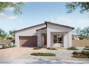 Charming single-story home featuring modern architecture and a well-manicured front yard at 889 Cottonwood Hill Pl, Henderson, NV 89011