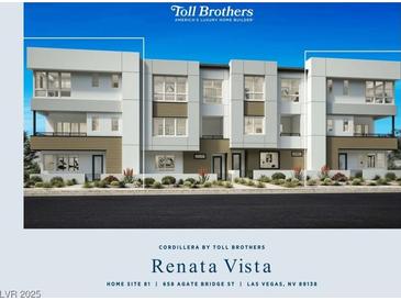 Modern three-story townhome showcases a sleek design with white and gray accents at 658 Agate Bridge St, Las Vegas, NV 89138