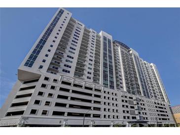 Modern condo building with a mix of parking and residential floors featuring multiple balconies at 150 Las Vegas Blvd # 1716, Las Vegas, NV 89101