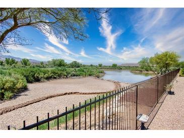 Scenic backyard view with desert landscaping and a pond, creating a tranquil outdoor space at 693 Hagens Aly, Mesquite, NV 89027