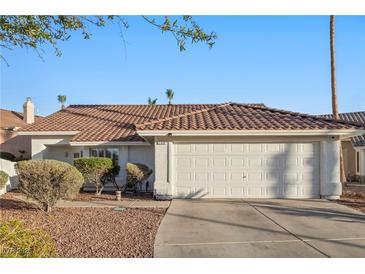 Charming one-story home features a tile roof, low maintenance landscaping, and an attached two-car garage at 159 Coastal Pier Ct, Henderson, NV 89002