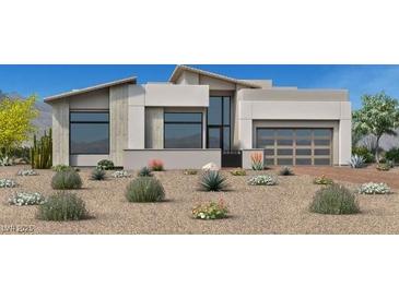 Contemporary home showcasing a modern design and desert landscaping for an appealing aesthetic at 10863 Vista Altura Ave, Las Vegas, NV 89135