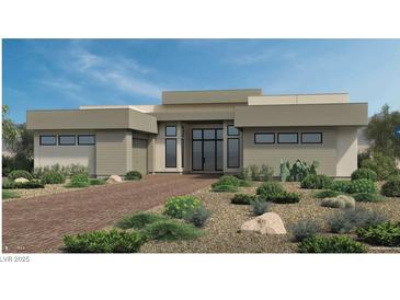 Contemporary single-story home with desert landscaping and a brick walkway leading to the front door at 11106 Desert Heights Ave, Las Vegas, NV 89135