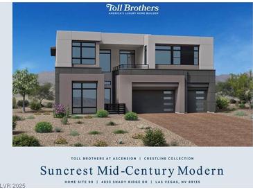 A modern Suncrest Mid-Century home with a two-car garage and low maintenance desert landscaping at 4853 Shady Ridge Dr, Las Vegas, NV 89135