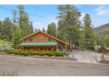 Charming log cabin-style home with a green roof, surrounded by lush greenery and mature trees at 401 Alpine Way, Mount Charleston, NV 89124