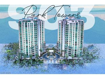 Stunning aerial view of Park Towers, showcasing its modern architecture and lush landscaping at 1 Hughes Center Dr # 903, Las Vegas, NV 89169