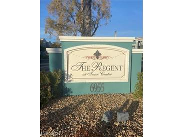 Inviting The Regent at Town Center community sign with manicured landscaping at 6955 N Durango Dr # 2016, Las Vegas, NV 89149