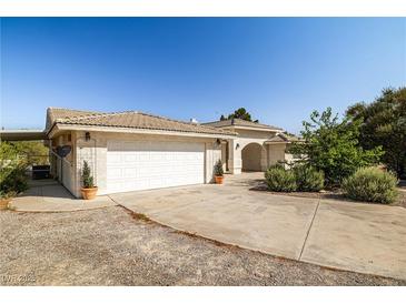 Charming single-story home featuring a wide driveway, two-car garage, and well-maintained front yard at 170 Dove St, Pahrump, NV 89060