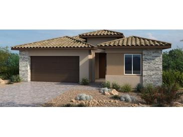 Charming single-story home showcasing a tile roof, stone accents, desert landscaping, and a two-car garage at 218 Piazzetta Pl, Henderson, NV 89011