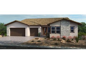 Charming single-story home featuring stone accents, desert landscaping, and a two-car garage at 227 Paraggi Bay Dr, Henderson, NV 89011