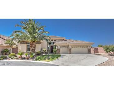 Beautiful single-story home with a well-manicured lawn, mature palm tree, and a three-car garage at 6821 Sleepy Pine St, Las Vegas, NV 89130