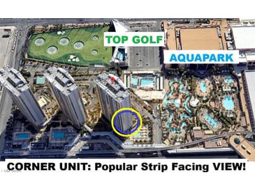Striking aerial view showcasing the property near top golf, and an aquapark at 145 E Harmon Ave # 1001, Las Vegas, NV 89109