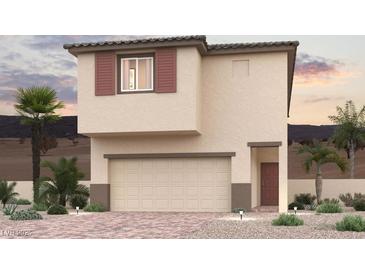 Two-story home with a two-car garage, desert landscaping and a red door and window shutters at 8532 W Agate Ave, Las Vegas, NV 89113