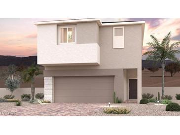 Contemporary two-story home with neutral stucco and decorative desert landscaping at 8550 W Agate Ave, Las Vegas, NV 89113