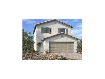 Charming two-story home with a stucco exterior, shuttered windows, and an attached two-car garage at 9546 Marsh Aster St, Las Vegas, NV 89139