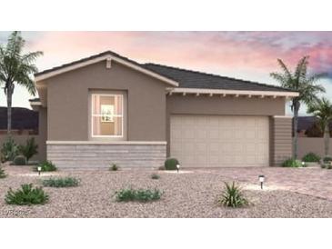 Single-story home with desert landscaping, two-car garage, and neutral color palette offers modern curb appeal at 8432 Vanhoy Creek St, Las Vegas, NV 89166