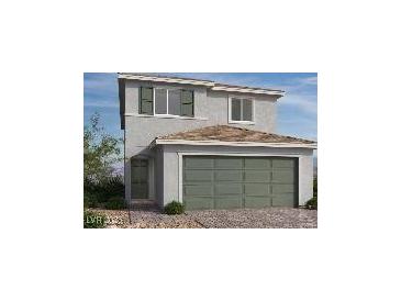 Charming two-story home with a well-manicured lawn, a gray exterior, and an attached two-car garage at 9912 Landings St, Las Vegas, NV 89141
