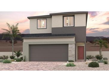 Two-story home showcasing a modern color scheme, low maintenance desert landscaping, and an attached two-car garage at 8514 W Agate Ave, Las Vegas, NV 89113