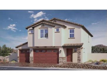 Inviting two-story home with desert landscaping, tile roof, and red garage doors at 1194 Dre Harbor Pl # Lot 87, North Las Vegas, NV 89084