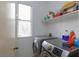 Bright laundry room with modern washer and dryer, shelf for storage, and a window at 6007 Turtle River Ave, Las Vegas, NV 89156
