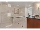 Bright bathroom features a tub, separate shower and tiled floors at 135 E Harmon Ave # 1020, Las Vegas, NV 89109