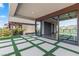 Covered patio with modern design, artificial turf, and sliding glass doors at 14 Heron Harbour Dr, Henderson, NV 89011