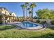 Lush backyard showcasing a pool, covered patio, and mature palm trees, creating a backyard oasis at 1002 Prestige Meadows Pl, Henderson, NV 89052