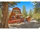 Cabin-style home with a wooden deck, nestled among lush greenery and includes a storage shed at 2196 Via Dulcedo St, Mount Charleston, NV 89124