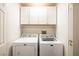 Functional laundry room with washer, dryer, and overhead cabinets at 5413 Lochmor Ave, Las Vegas, NV 89130