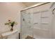 Clean bathroom with a glass-enclosed shower, white fixtures, and modern finishes at 2725 S Nellis Blvd # 2108, Las Vegas, NV 89121