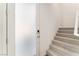 Modern entryway with frosted glass door and carpeted stairs at 655 Spotted Falcon St, Las Vegas, NV 89138