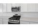 Close up of the modern stainless-steel oven and range with white cabinets at 651 N Water St, Henderson, NV 89015