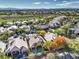 Aerial view of community, highlighting houses, landscaping, golf course, and pool at 525 Summer Mesa Dr, Las Vegas, NV 89144