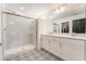 Modern bathroom with double vanity, large shower, and patterned floor tiles at 10319 Santero Bay Ct, Las Vegas, NV 89141