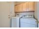 A convenient laundry room with modern washer and dryer units and adjacent wooden cabinets at 2731 Heathrow St, Las Vegas, NV 89135