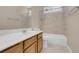 Clean bathroom with a shower/tub combo and wood vanity at 866 La Sconsa Dr, Las Vegas, NV 89138