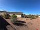 Backyard with desert landscaping and covered patio near the house at 2710 Mustang Pass St, Laughlin, NV 89029