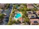 Aerial view of a community pool, playground, and covered picnic area surrounded by mature trees and well-kept homes at 7579 Harwich Bay Ave, Las Vegas, NV 89179