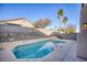 Backyard view of a refreshing pool, block wall, and palm trees, perfect for outdoor relaxation at 7936 Pinnochio Ave, Las Vegas, NV 89131