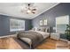 This staged bedroom features a ceiling fan, carpeted floor, two windows, and base molding at 1053 Plentywood Pl, Henderson, NV 89002