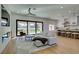 Living room with a ceiling fan, a fireplace, a TV and a large sliding glass door to the outside at 8713 Litchfield Ave, Las Vegas, NV 89134