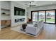 Modern living room featuring a fireplace, a TV and a large glass slider leading to the patio at 8713 Litchfield Ave, Las Vegas, NV 89134