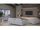 Bright living room with stone fireplace, TV, neutral furniture, and sliding doors to the patio at 323 Wanda Rd, Henderson, NV 89002