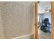Small bathroom with shower and speckled shower curtain at 537 Kristin Ln, Henderson, NV 89011