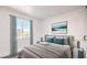 Virtually staged bedroom with gray bedding and teal accents at 686 Ribbon Grass Ave, Las Vegas, NV 89183